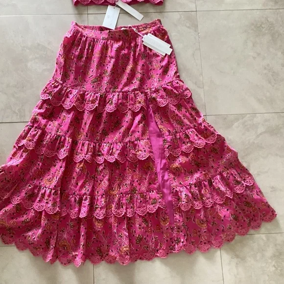 Caroline Constas 2pc Set Crop Spaghetti Top Maxi Skirt Pink Cotton Eyelet Ruffle - Picture 6 of 16